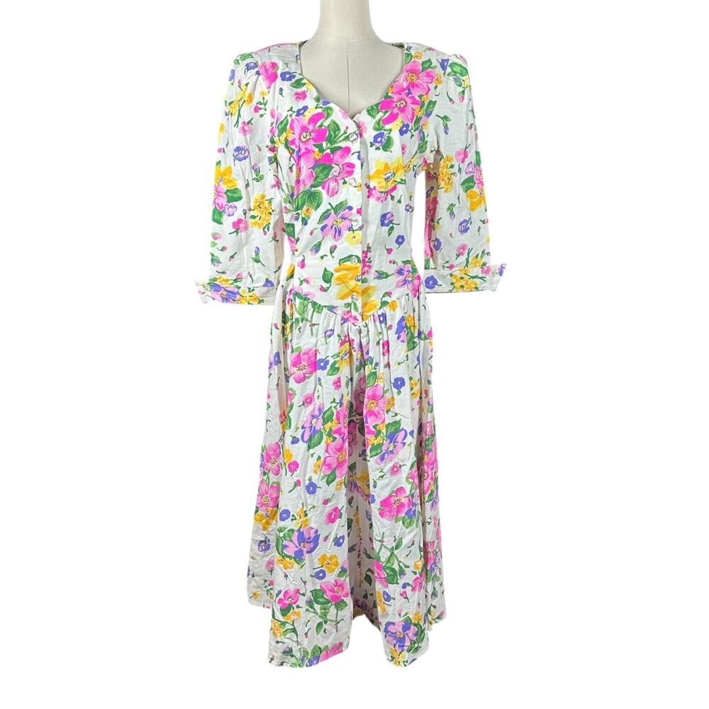 Vtg 80s Cottagecore White Pink Floral Midi Dress Drop Waist Shoulder Pads Sz 12 - Picture 2 of 11